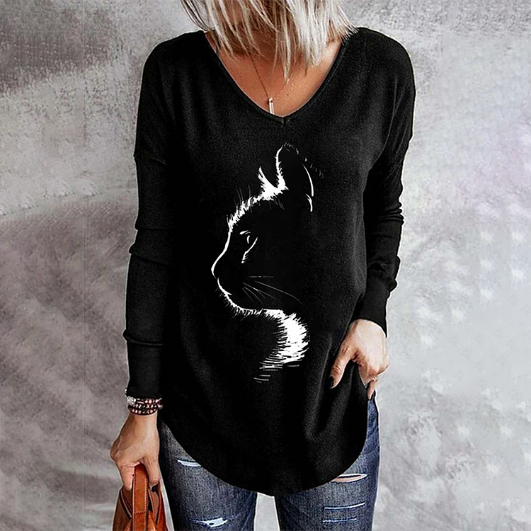 Comstylish Casual Cat Print Long Sleeve T-Shirt