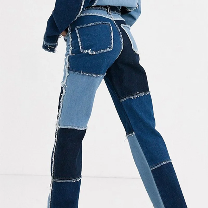 New Women's Jeans Autumn Pink Pants Stitching Denim Casual Girl Hip-Hop High Waist Loose Straight Jeans Women's Fashion Pants