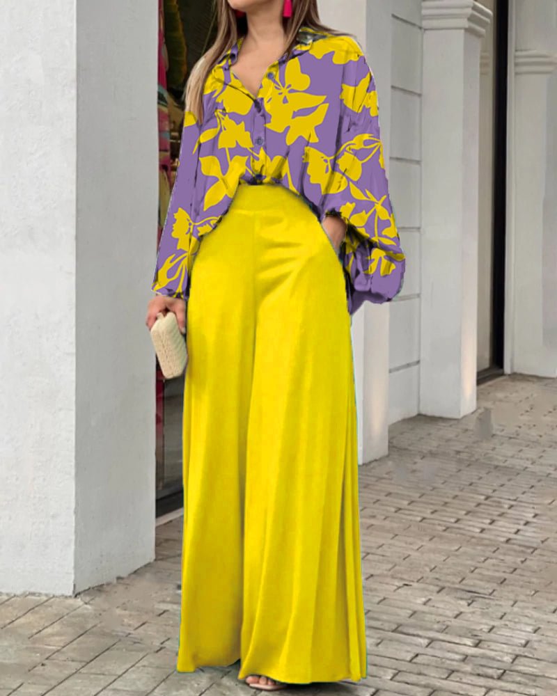 Casual Print Shirt & Wide Leg Pants Two-Piece Set