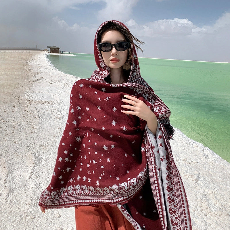 Ethnic Style Hooded Shawl Cloak Lijiang Xinjiang Tibet Northwest Tourism Wear Photograph Warm Outer Cape