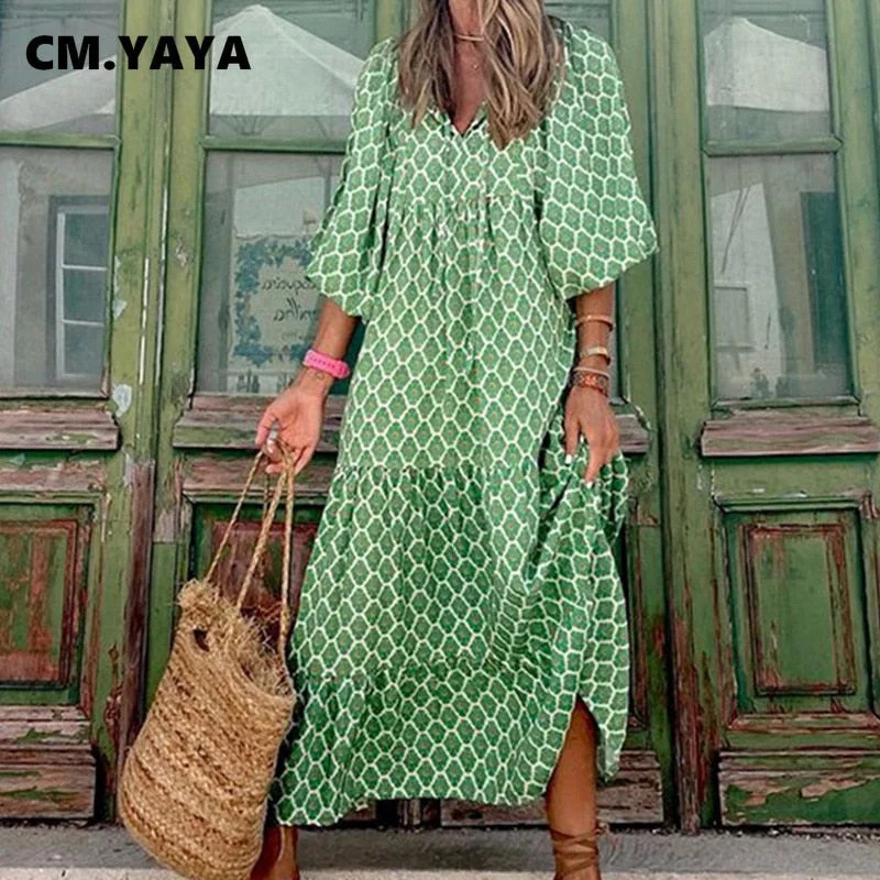 CM.YAYA Women Long Dress Print Half Sleeve V-neck Loose Maxi Dresses Vintage Fashion Vestidos Casual Outfits Autumn 2021
