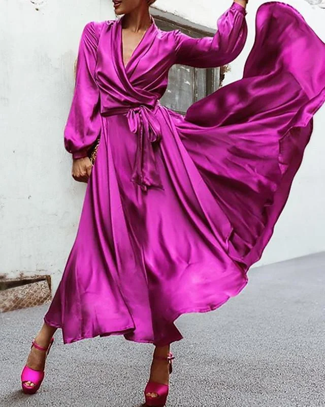 Women's Wrap Dress Maxi long Dress - Long Sleeve Solid Color Spring Summer V Neck Hot Sexy Going out Purple Red S M L XL XXL 3XL