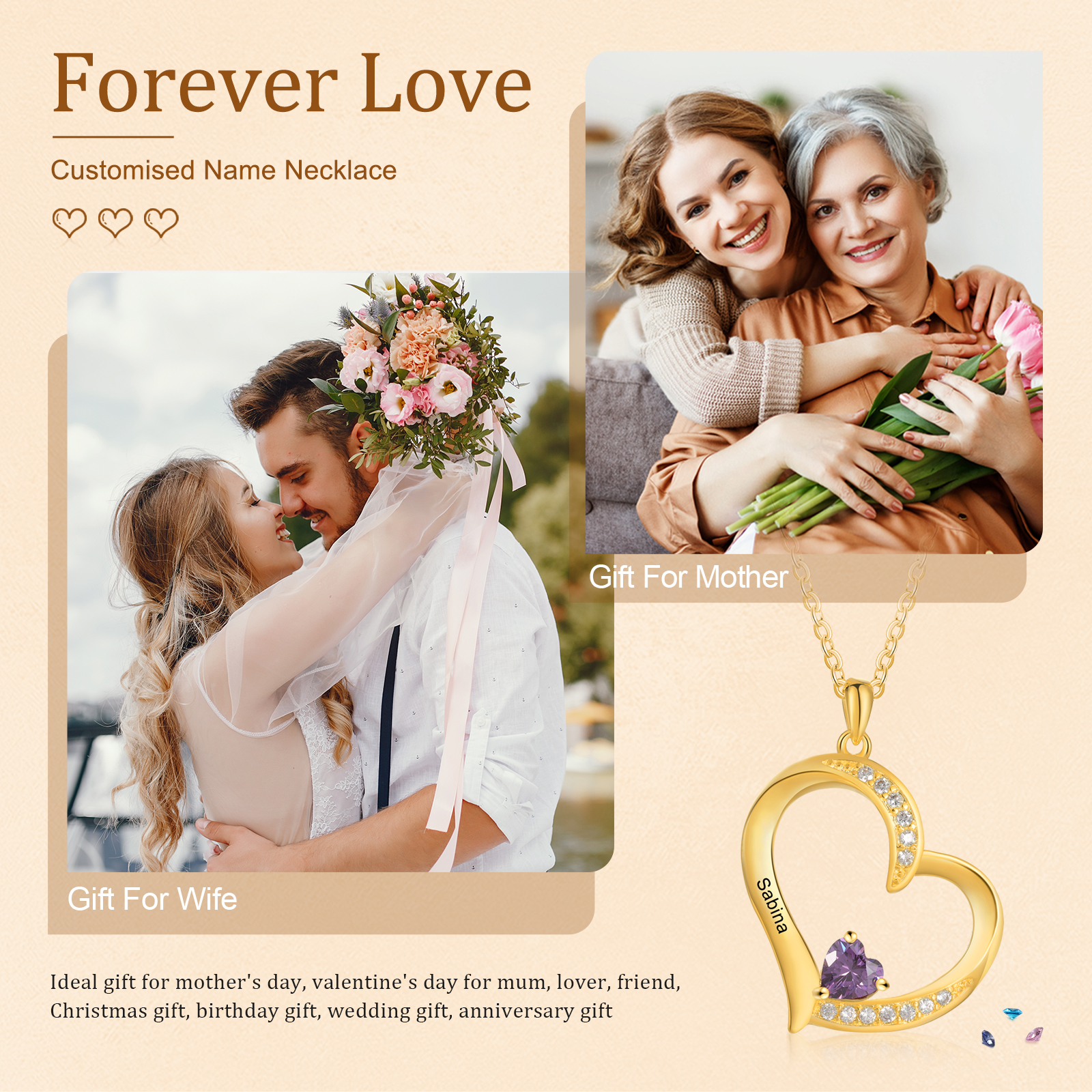 1 Name - Personalised Heart Pendant Necklace Customised Names & Birthstones Necklace Birthday Gift for Her-Jessemade AU