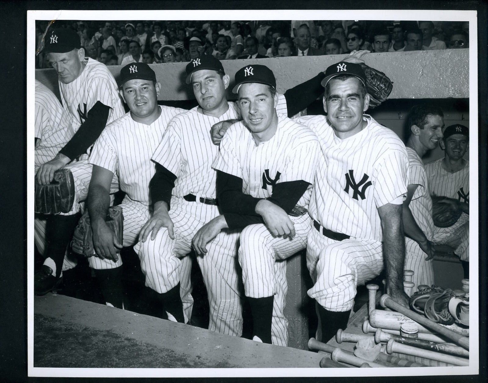 Joe DiMaggio Allie Reynolds Yankees Old Timers Day 1956 Press Press Photo Poster painting