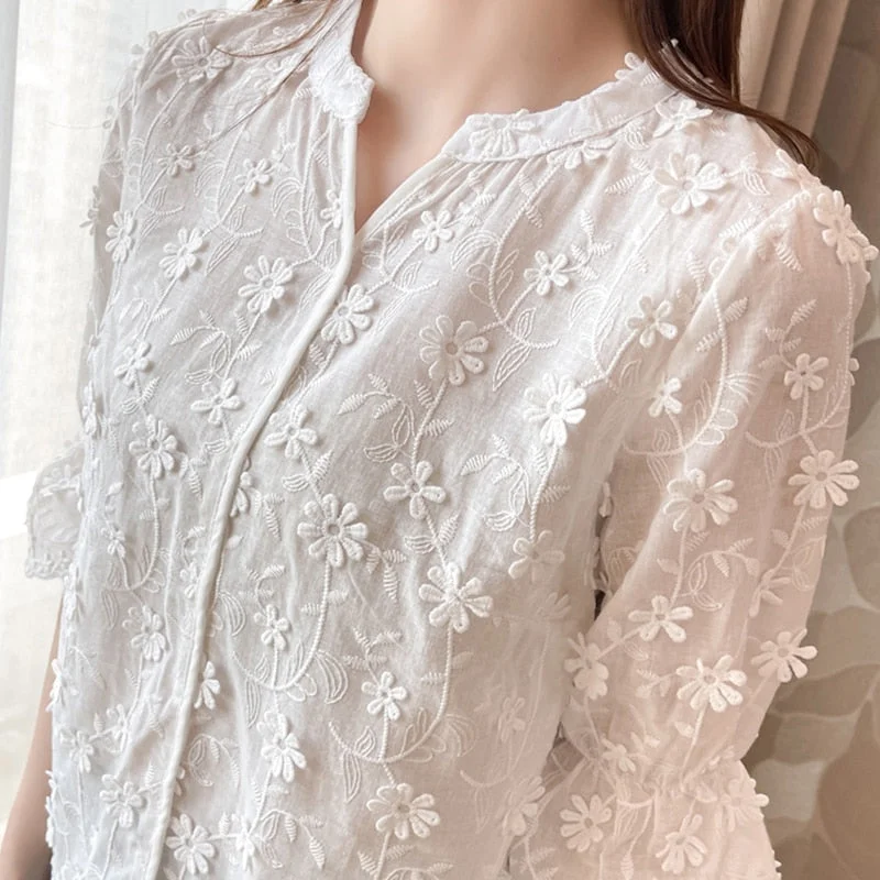 Huiketi Tops Lace Blouses Women Embroidery Floral Cotton White Shirt 2023 Fashion Casual Short Sleeve Women's Shirts Blusas 9638