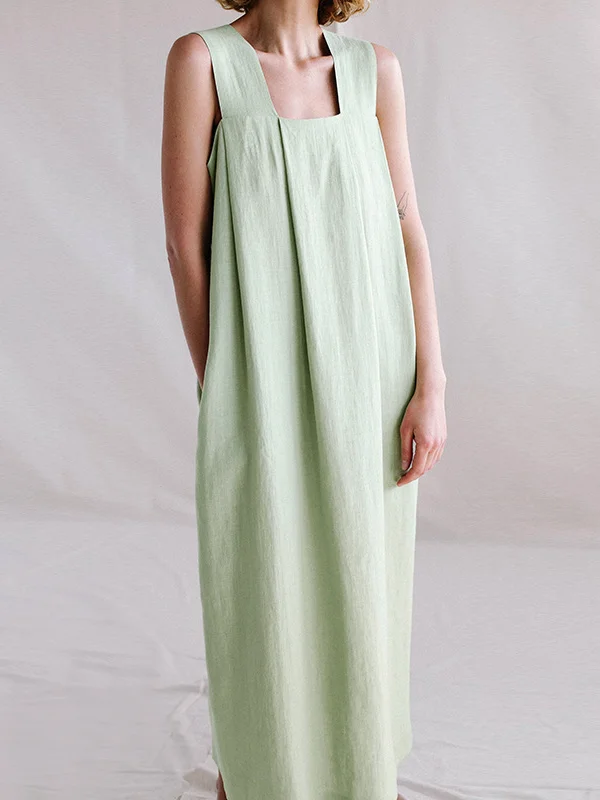 Ramie Sleeveless Baggy Collar Strap Maxi Dress