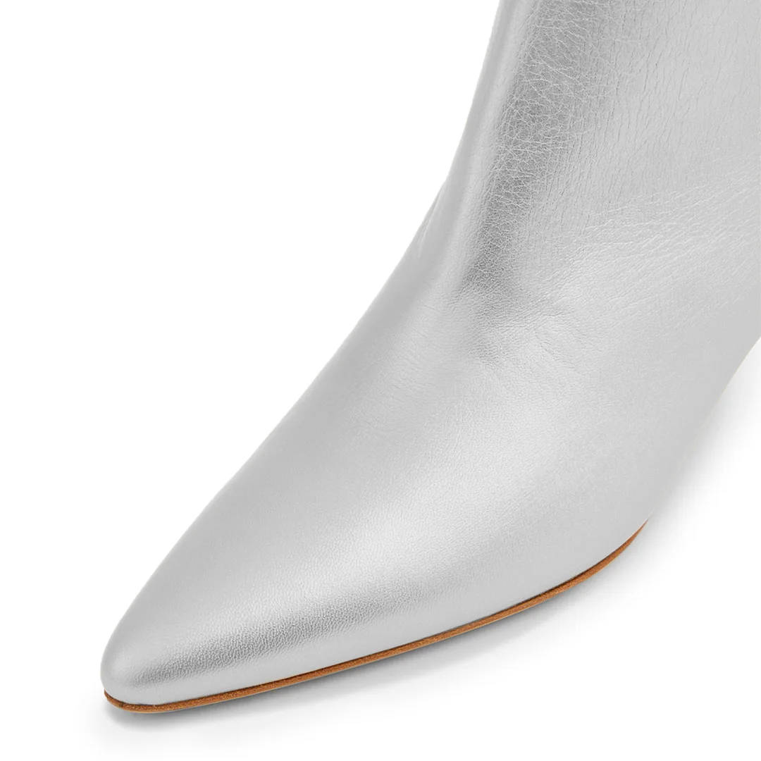 Vegan Leather Pointed Toe Back-Zip Kitten Heel Ankle Boots in Silver