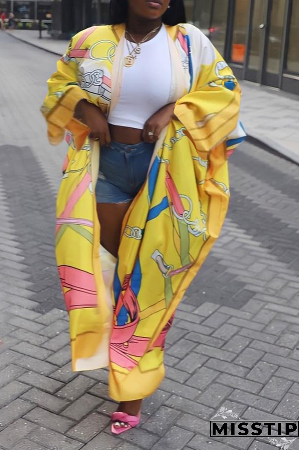 Yellow Casual Print Bandage Cardigan Collar Outerwear