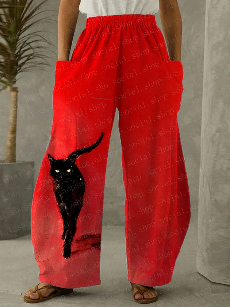 Ladies Walking Cat Red Casual Wide Leg Pants socialshop