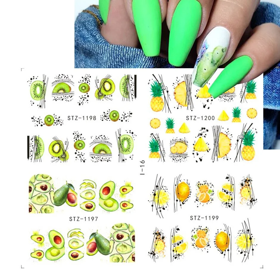 Nail Stickers Water Transfer Fruits Abstract Art Designs 4Pcs/Set Nail Decal Decoration Tips For Beauty Salons-Nail Inspo