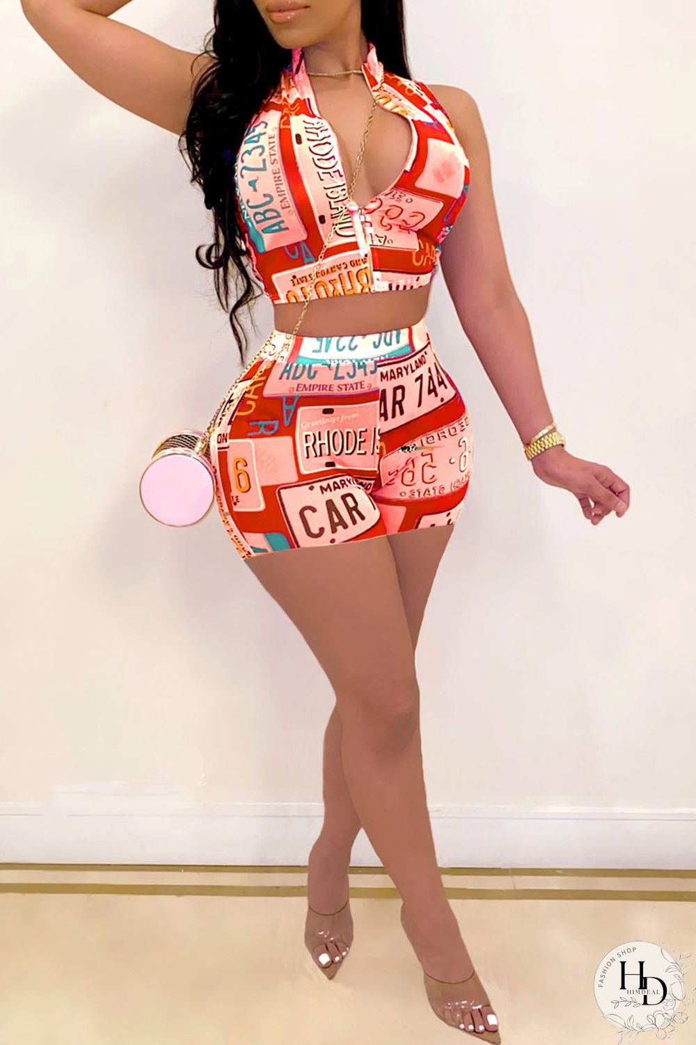 Fuchsia Sexy Casual Print Basic Zipper Collar Sleeveless Two Pieces