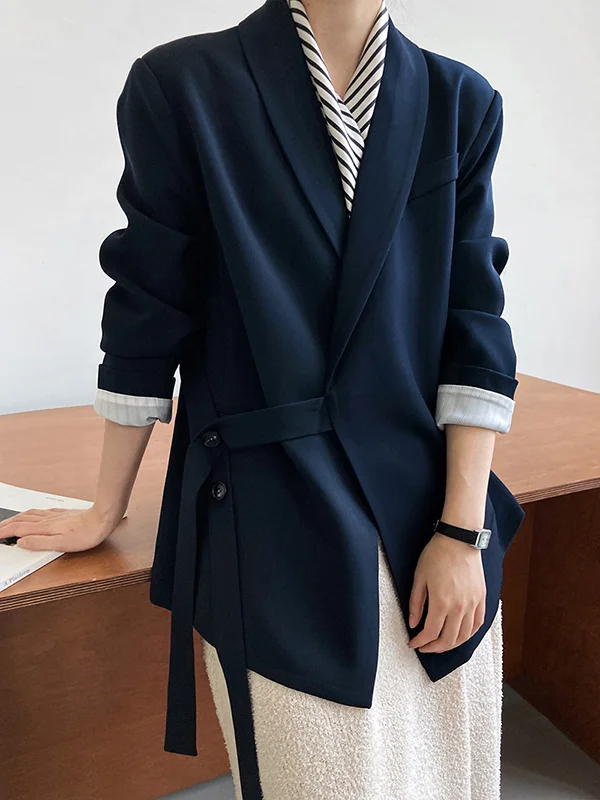 Tied Solid Color Pockets Buttoned Asymmetric Loose Long Sleeves V-Neck Outerwear Blazer