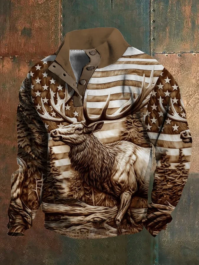 Men's Velvet Western Print Stand Collar Button Sweatshirt