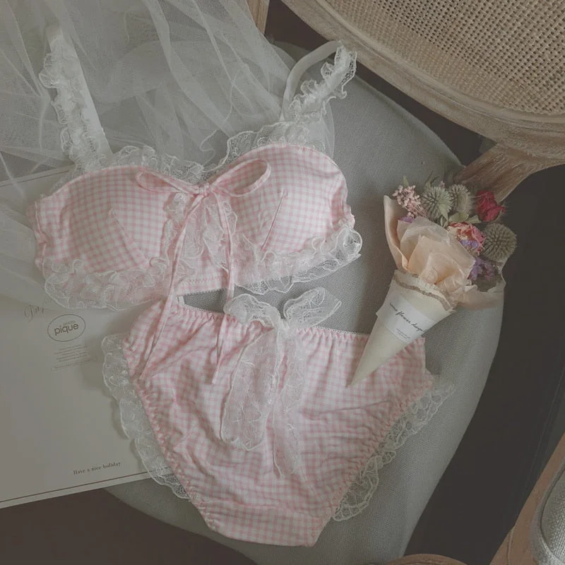 Wriufred Underwear suit girl sweet cute hollow embroidery lingerie set cotton lace edge tube top thin bra set gathered bralette