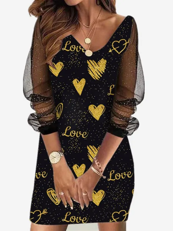 Women's Long Sleeve V-neck Stitching Graphic Midi Dress