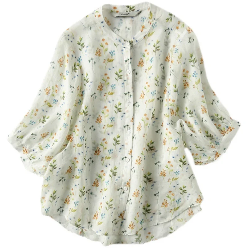 Uveng Uveng Goods Export Counter Original Single Tail Goods Elegant Age-Old Bubble Sleeve Print White Shirt Top Woman