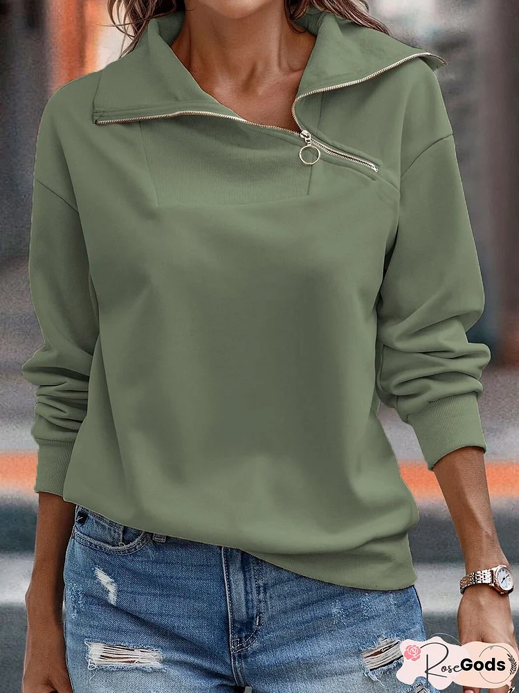 Women Casual Plain Autumn Zipper Daily Long Sleeve Regular Size Sweatshirts