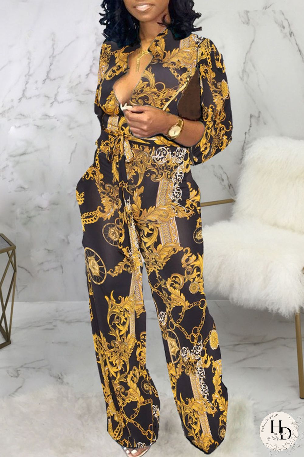 Yellow Casual Print Split Joint V Neck Straight Jumpsuits