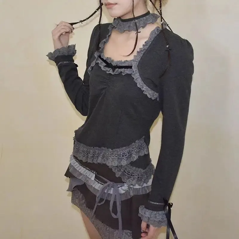 Brownm Grunge Asymmetric Lace Top