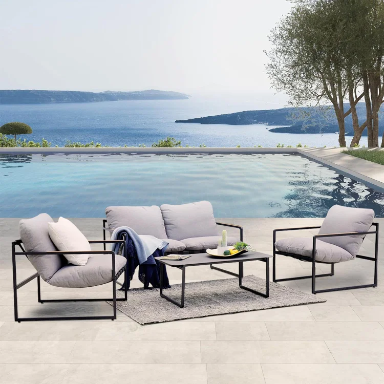 Grand patio 4-Piece Patio Furniture Set, Outdoor Patio Conversation Sofa Set with Cushion, Modern Metal Couch Loveseat Chairs and Coffee Table