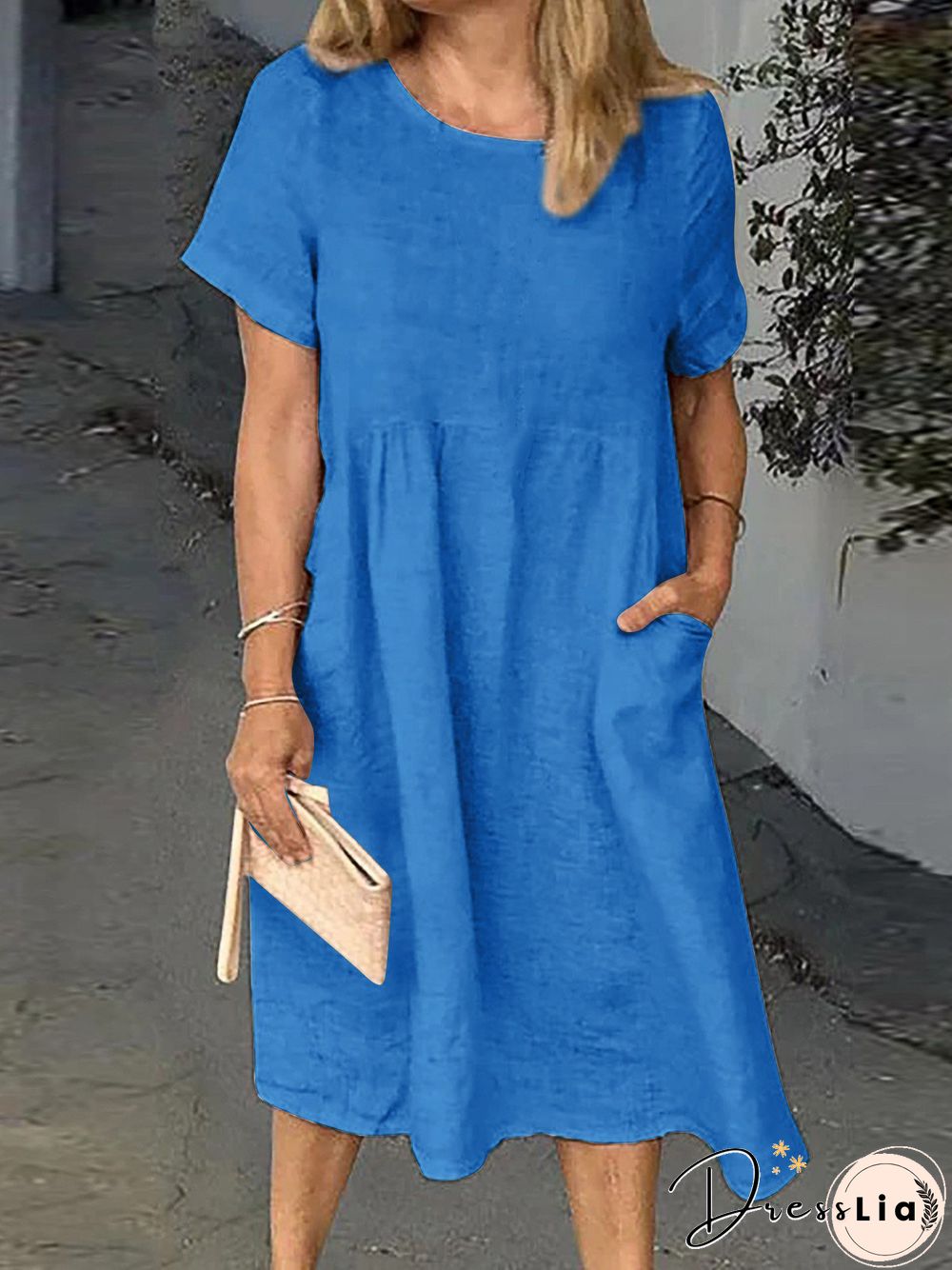 Women'S Dresses Round Neck Short Sleeve Pocket Casual Dress