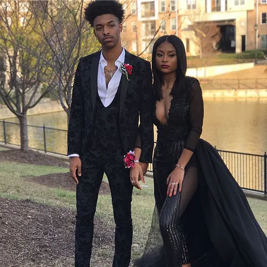 Miabel Handsome Black Jacquard Business Prom Suits For Guy With 3 Pieces