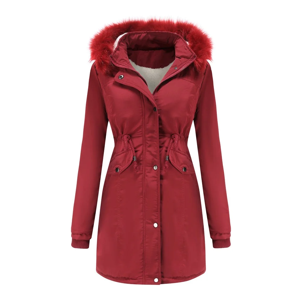 Women's Cotton Padded Detachable Hat Large Fur Collar Coat