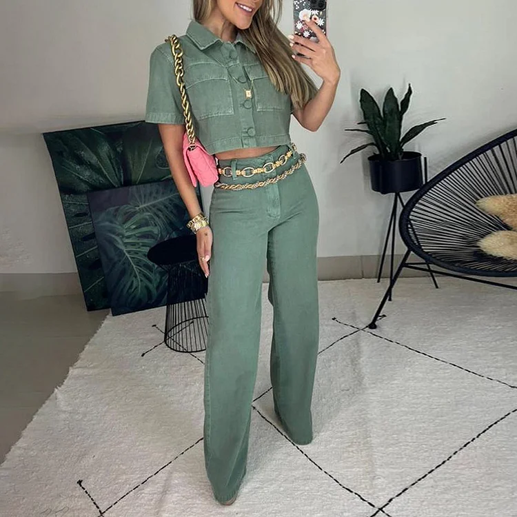 Comstylish Fashion Lapel Sleeveless Top Loose Pants Solid Color Two-Piece Set
