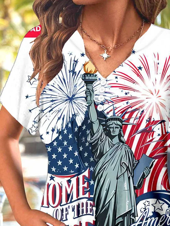 Women Short Sleeve V-neck National Flag Printed Printed Graphic Button Tops