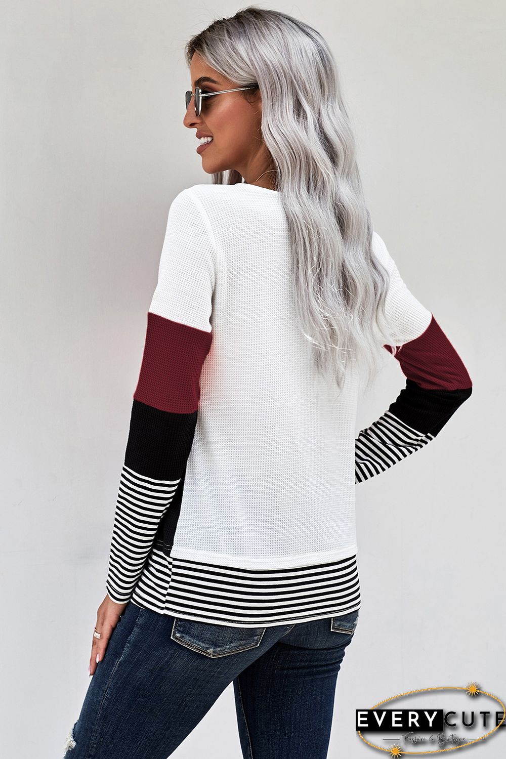 Wine Stylish Colorblock Splicing Stripes Top