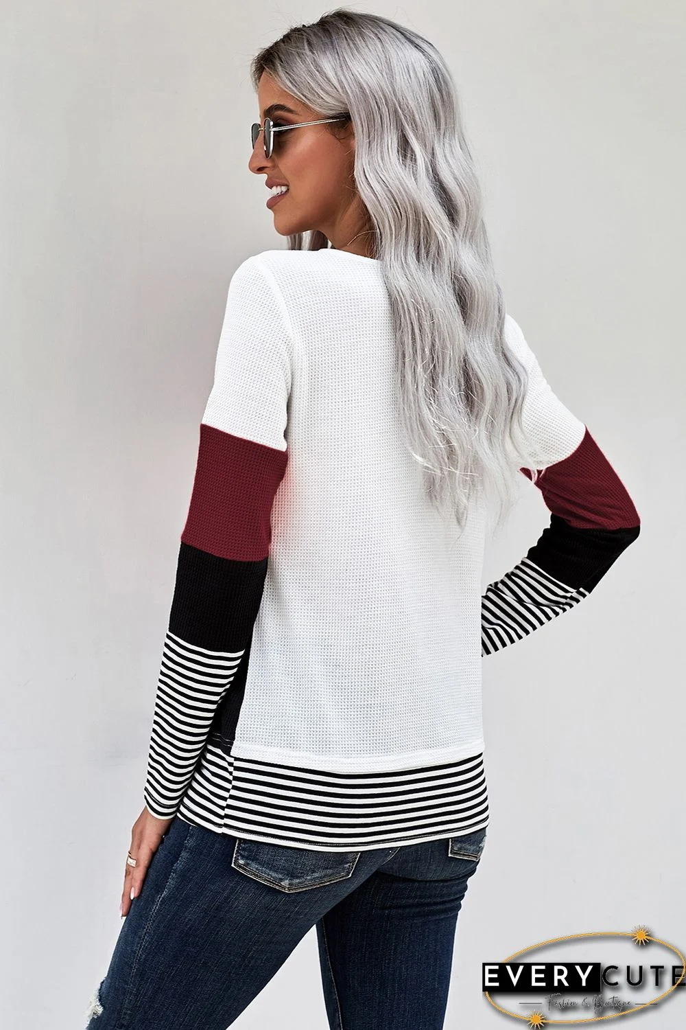 Wine Stylish Colorblock Splicing Stripes Top