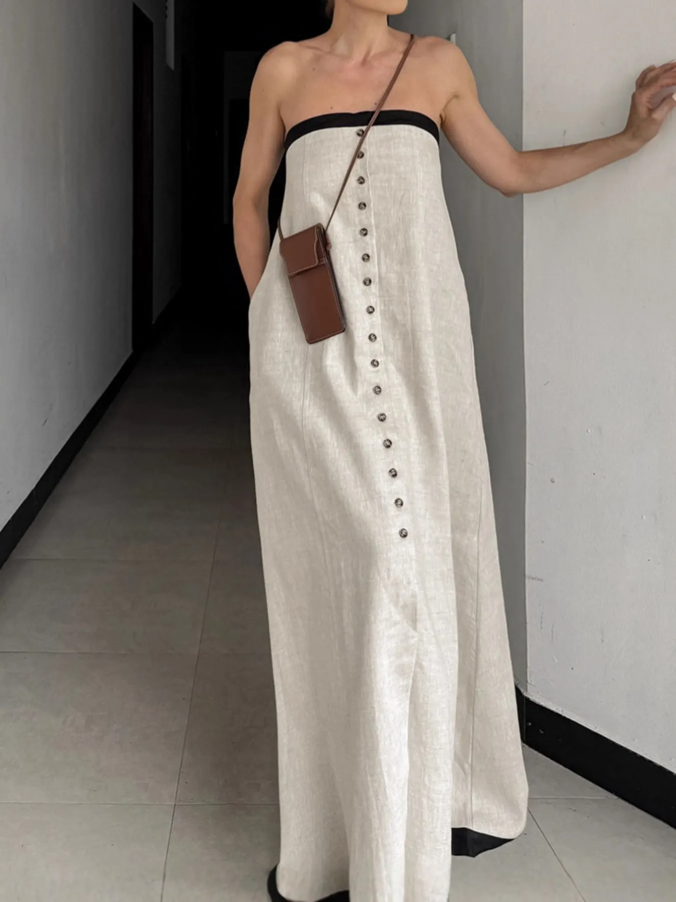 Contrast Trim Button Front Tube Maxi Dress mysite idetrend