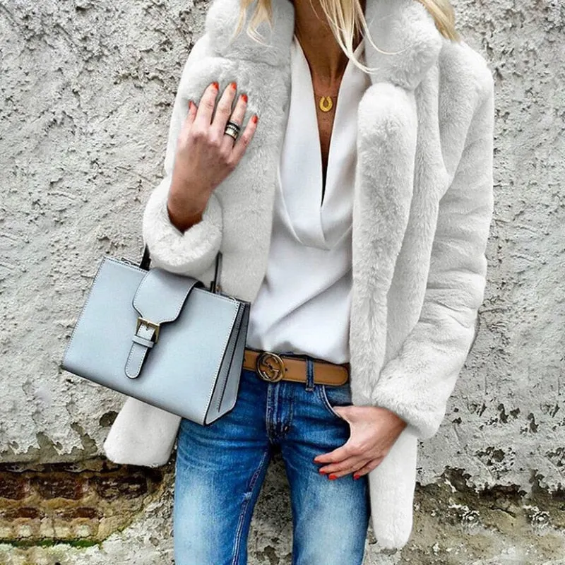 Fall/winter new style solid color long-sleeved lapel women's fluffy coat