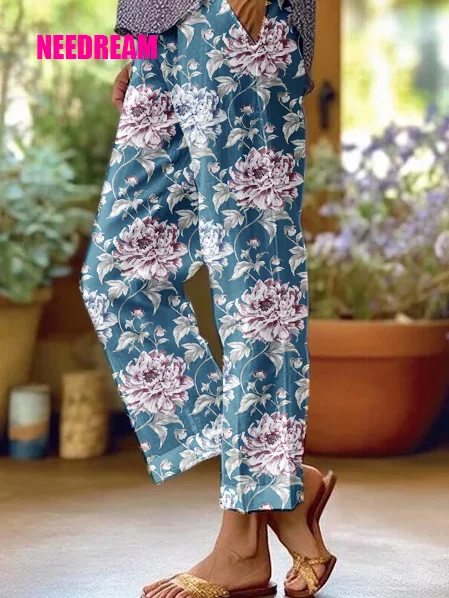Womens Elegant Floral Pattern Loose Casual Pants (With Pockets)