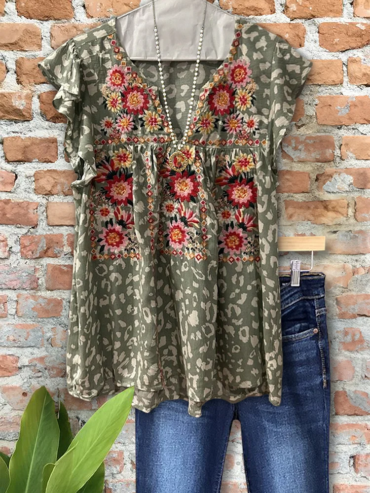 Elegant Floral Ruffle Leopard Print Short Sleeve Top