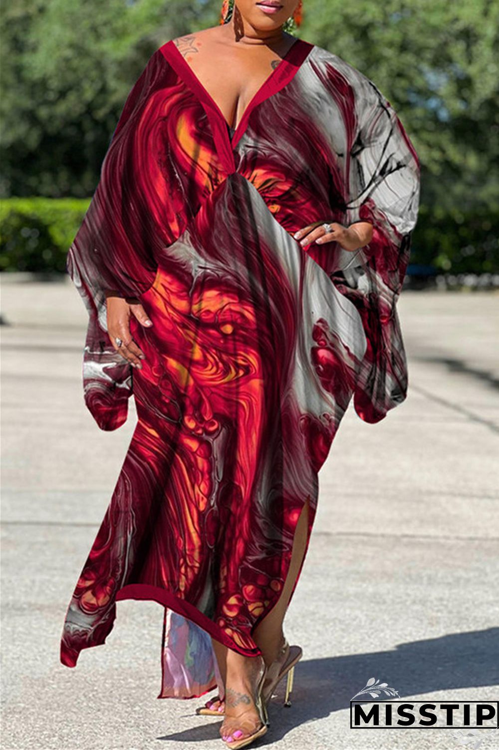 Red Gray Casual Print Patchwork V Neck Irregular Dress Plus Size Dresses