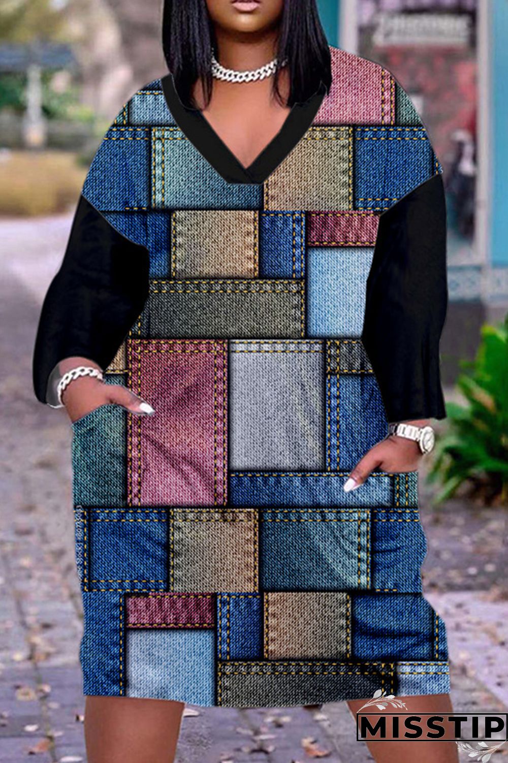 Leopard Print Casual Print Patchwork V Neck Long Sleeve Dresses