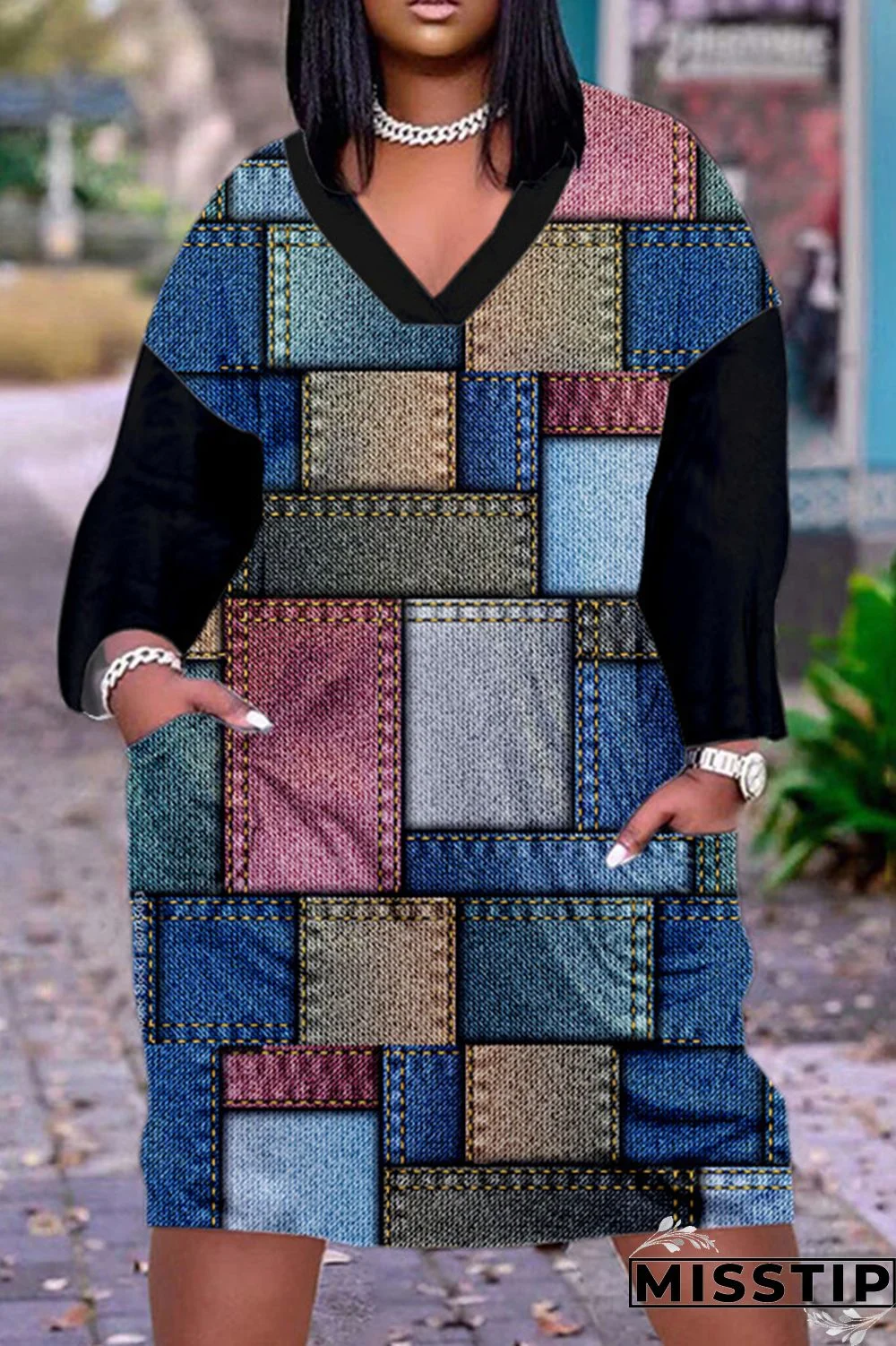 Leopard Print Casual Print Patchwork V Neck Long Sleeve Dresses