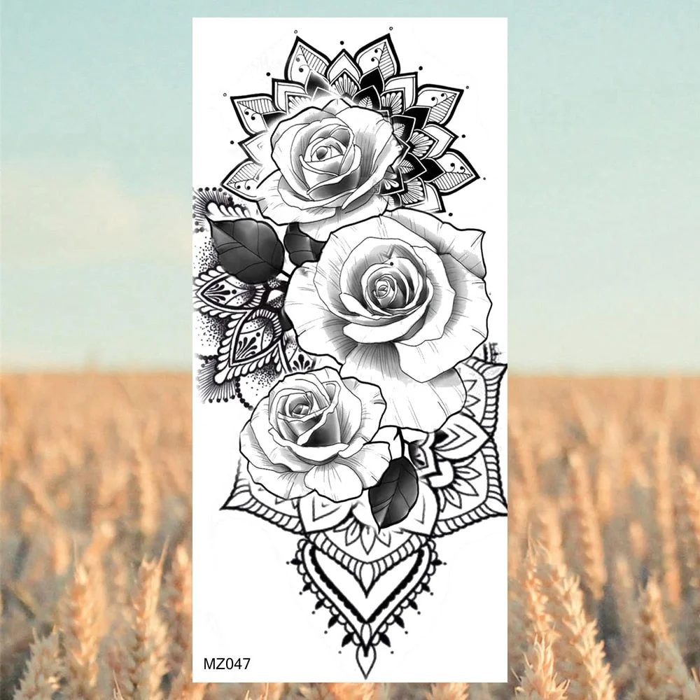 Black Lotus Pendant Temporary Tattoos For Women Adult Rose Flower Jewelry Fake Tattoo Fashion Calf Waterproof Half Sleeve Tatoos
