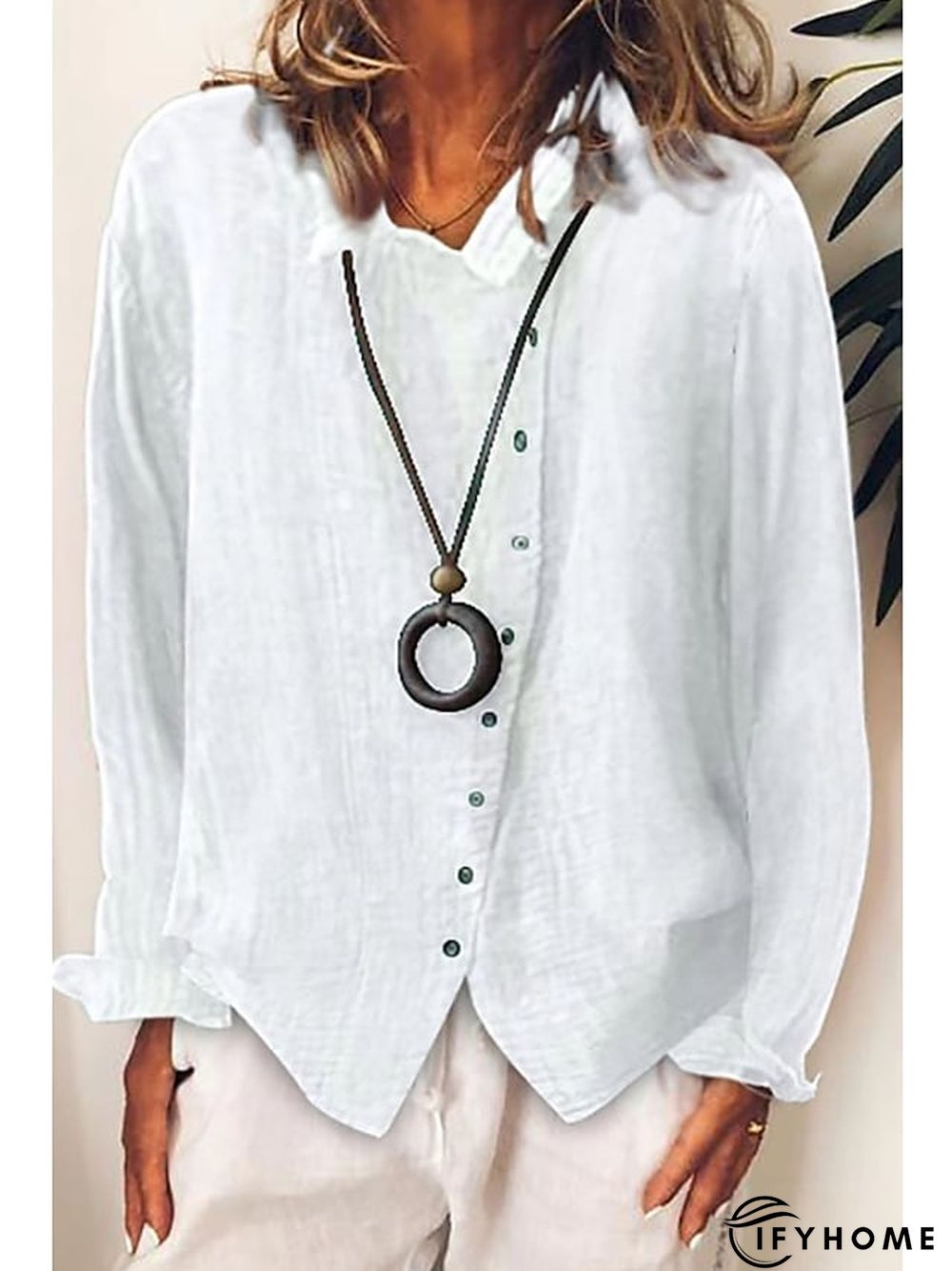 Women's Shirt Blouse White Yellow Blue Plain Button Long Sleeve Daily Weekend Casual Shirt Collar Regular Linen S | IFYHOME