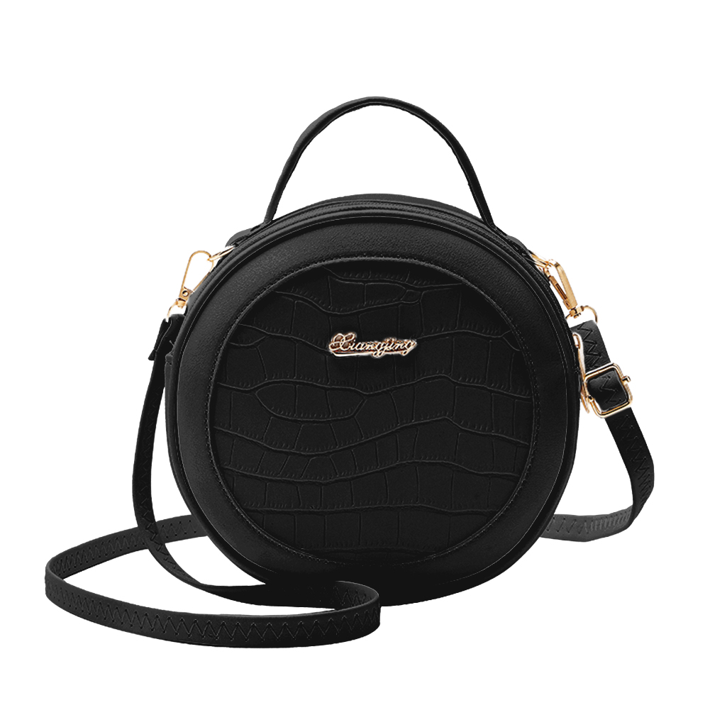 

Women Round Shoulder Bag Alligator PU Travel Circle Zip Crossbody Handbag, Black, 501 Original