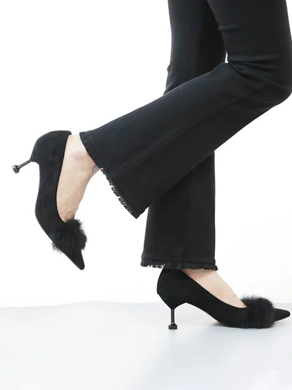 Fashionable rabbit fur suede stiletto heel sexy pointed kitten high heels