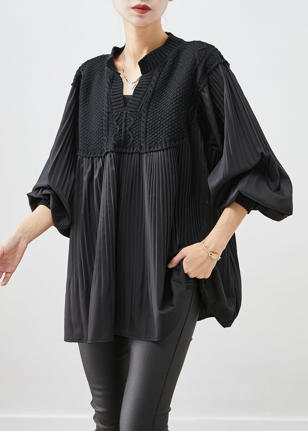 VCSHOES Black Oversized Patchwork Wrinkled Tops Lantern Sleeve