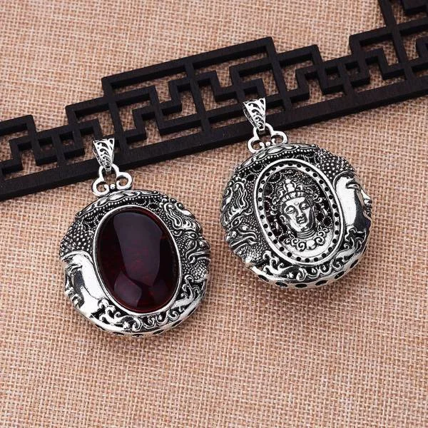 Sterling Silver Ruby Buddha Auspicious Pendant Necklace