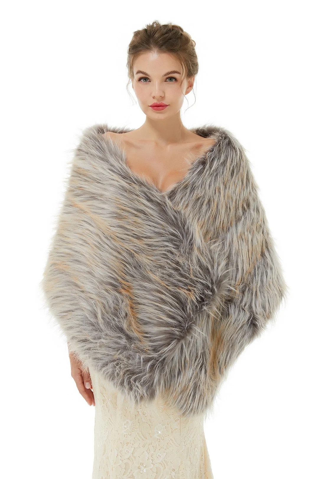 Designer Grey Brown Faux Fur Shawl Winter Wraps - lulusllly