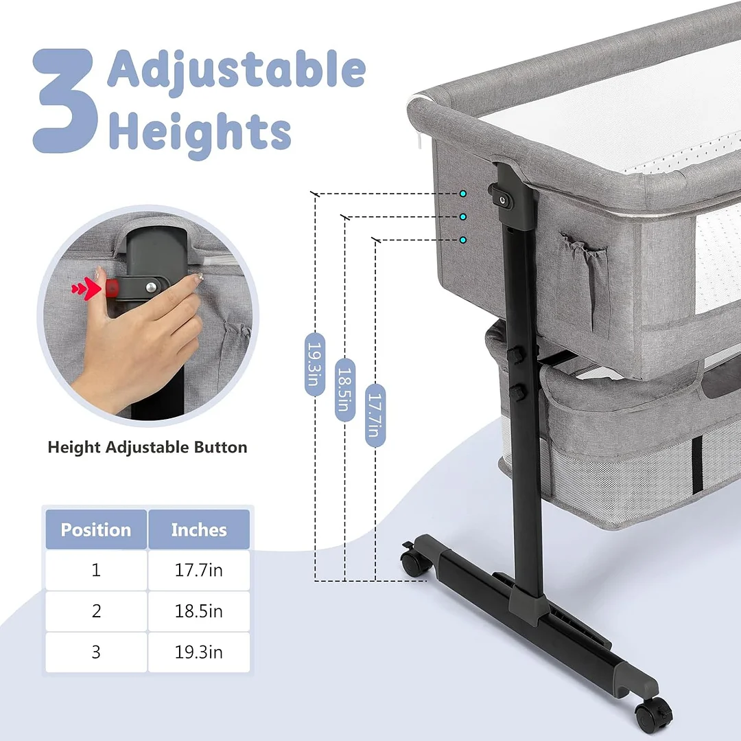 Baby Bassinet, 3 in 1 Bassinets Bedside Sleeper, Adjustable Height Bedside Sleeper with Rocking Mode, Breathable Mesh, Storage Basket, Wheels, Easy Assemble & Folding (Gray)