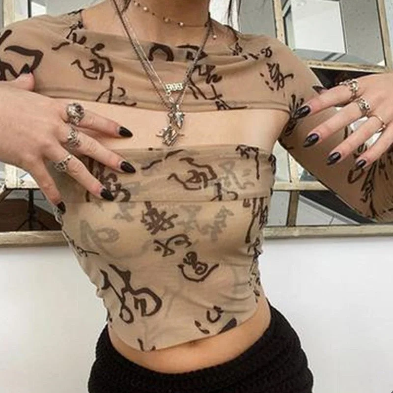 2021 Fairy Grunge Shirt Basic Mesh Print Top Women E Girl Gothic Punk Style T-shirts Tees Clothes Street Tops Womens Clothing