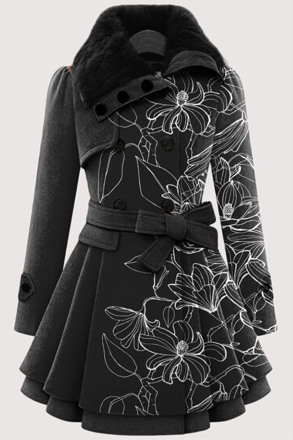 Vintage women's heavy coat with black and white floral print