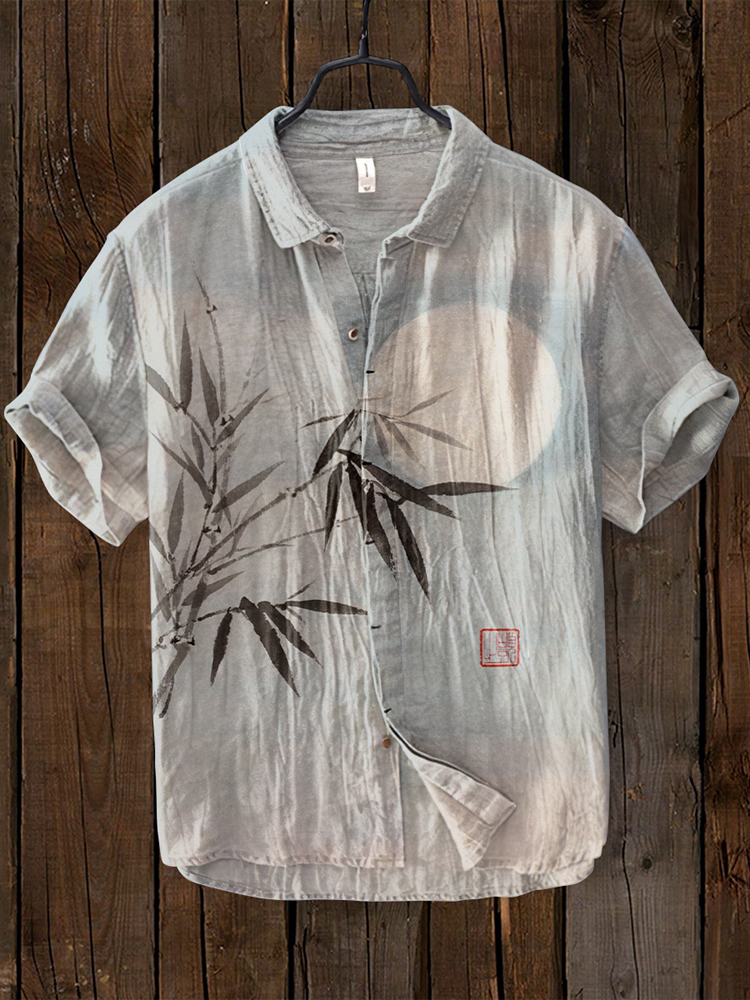 Comstylish Bamboo & Moon Japanese Art Linen Blend Comfy Shirt