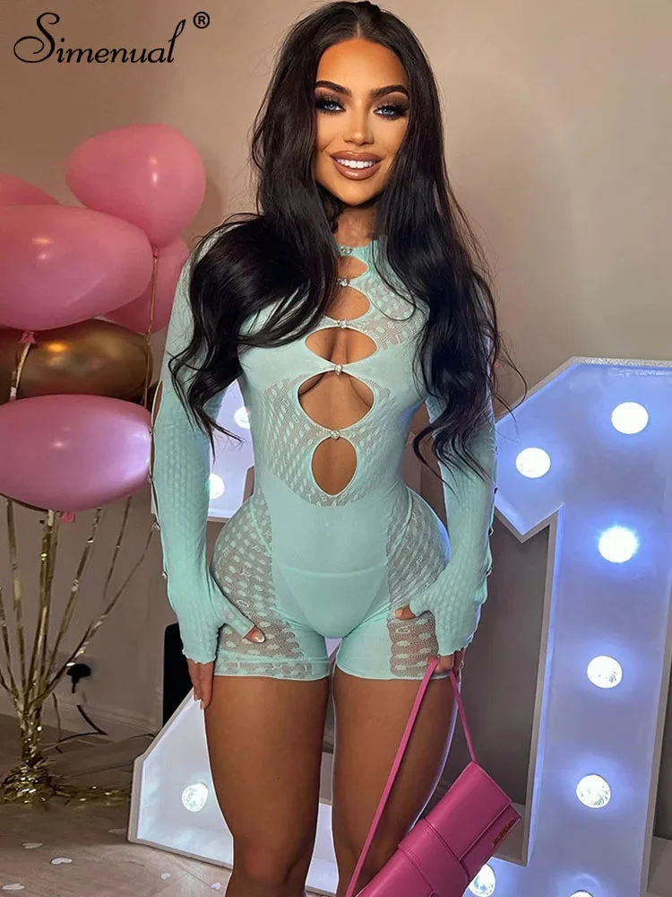 Tlbang Simenual Sexy Hollow Out Rompers for Women Mesh Patchwork See Through Long Sleeve Zipper One-piece Outfits Hipster New Club Wear